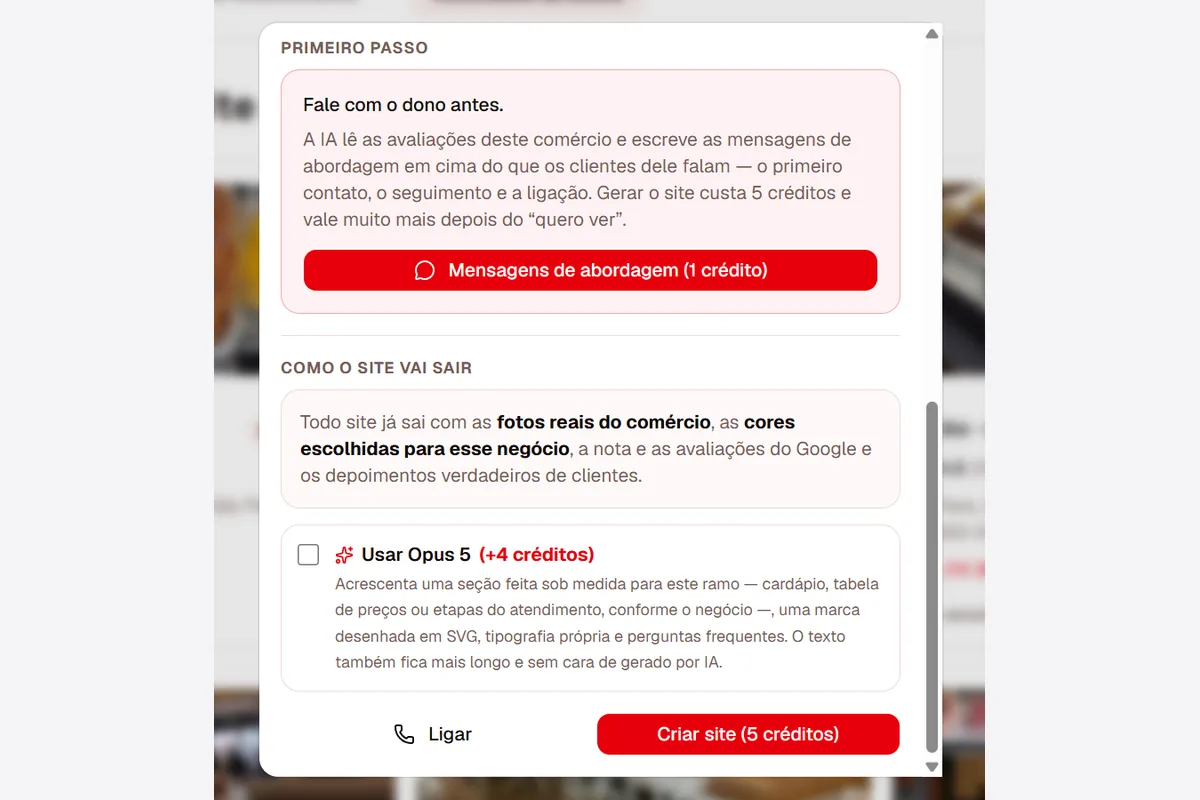 Ficha de um comércio, com as mensagens de abordagem e a criação do site