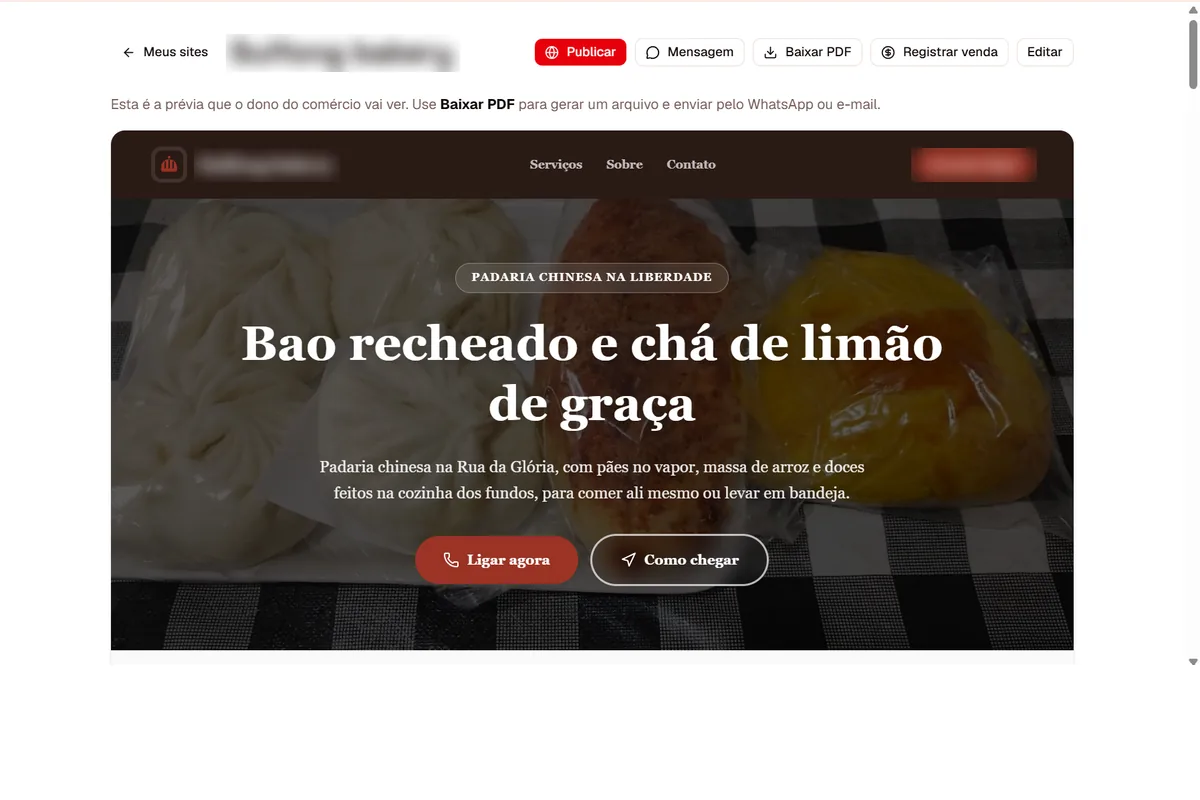 Site pronto de uma padaria, escrito pela IA com as fotos reais do comércio